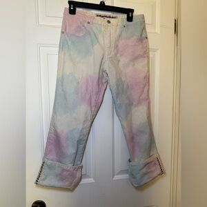 Parasuco Pink & Blue Sparkle Tie Dye Denim Capri Jeans Studded Cuffs Sz 29 Y2K